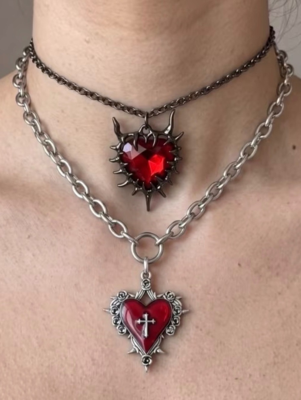 Gothic Red Heart Pendant Necklace Set with Cross and Spike Details